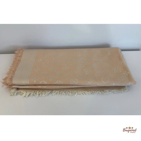 Authentic Louis Vuitton Pink/Beige Silk Wool Monogram Shawl Scarf 55x55 - M72046 - Picture 2 of 8